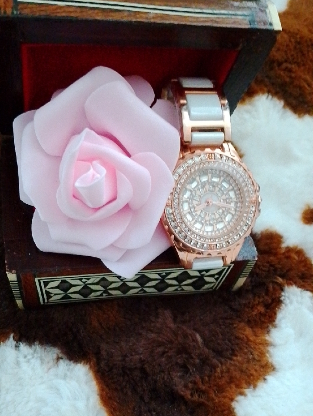 Rose Gold and White Crystal Women's Bracelet Watch